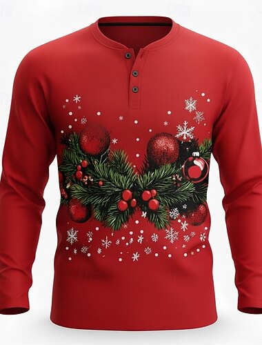  Муж. Новогодняя тематика Рождественские колокольчики Рубашка Хенли Длинный рукав Мода Симпатичные Стиль Повседневные Повседневные Праздники На выход Зима Весна & осень Красный Хенли Воротник Хенли