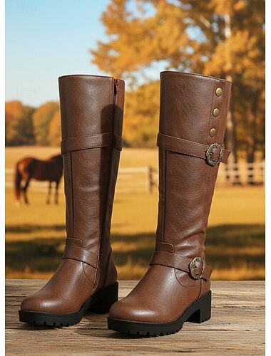  Bottes d'équitation montantes en similicuir marron pour femme avec boucle vintage et fermeture éclair latérale - Bottes d'automne western pour le travail en extérieur, les festivals de musique et le