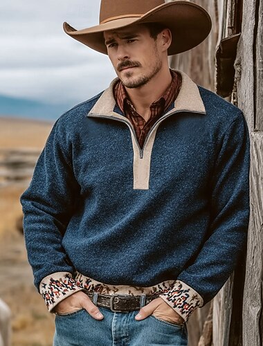  Homens Tribal Cowboy Moletom Étnico Vintage retrô Manga Longa Colarinho Chinês Ao ar livre Trabalho Presente Azul Marron cáqui Zíper Outono Inverno Designer S M L XL XXL XXXL