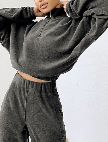  Damen Mode Streetwear Hosen-Sets Bolero-Oberteil Pullover Langarm Stehkragen Einfarbig Reißverschluss Outdoor Arbeit Lässig Grau Frühling Normale Passform