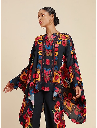 بلوزة نسائية من الشيفون بطبعة زهور ذات ياقة على شكل حرف V، مناسبة للعطلات الربيعية والخريفية   بلوزة نسائية من الشيفون بطبعة زهور ذات ياقة على شكل حرف V، مناسبة للعطلات الربيعية والخريفية