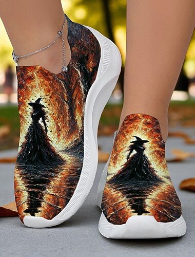  Sneakers slip-on da donna con stampa artistica di streghe e comoda ammortizzazione, scarpe casual per feste in maschera e per l'uso quotidiano durante il festival di Halloween