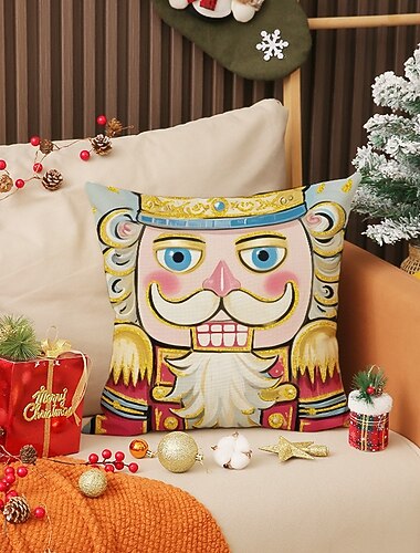  nytt putetrekk til julenøtteknekkeren, dekorativ pute med lintrykk, kastepute i tre med tegneseriesoldat til julepynt