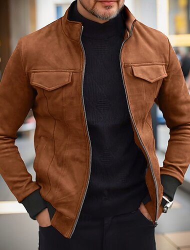  رجالي سترة من جلد الغزال الصناعي جاكيت كاجوال عطلة مناسب للبس اليومي الدفء جيب الخريف الشتاء سهل موضة كلاسيكي رقبة طوقية مرتفعة عادية أسود أخضر كوفي جاكتس