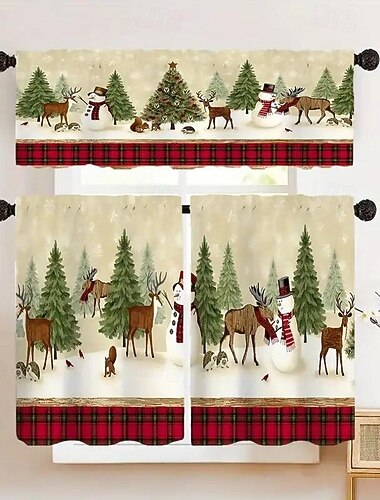  小さなクリスマスキッチンカーテン、カートゥーンの雪だるま＆トナカイのデジタルプリントカフェバランス、ほこり防止キャビネット＆シンクウィンドウドレープ、楽しいホリデーデコレーション