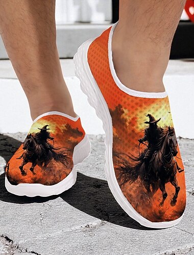  Men's Halloween Witch Rider Sneakers – Breathable Mesh Slip-On Running Shoes for Festivals, Parties and Outdoor Activities