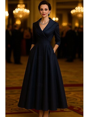  Vestido de mãe da noiva em linha A, gola alta, elegante, vintage, decote em V, comprimento chá, comprimento midi, cetim elástico, manga 3/4 com franzido, cor sólida 2025