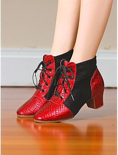  Botas de baile con cordones rojas y negras para mujer: zapatos de salón de alto rendimiento de tacón bajo con estampado de cocodrilo y piel sintética.