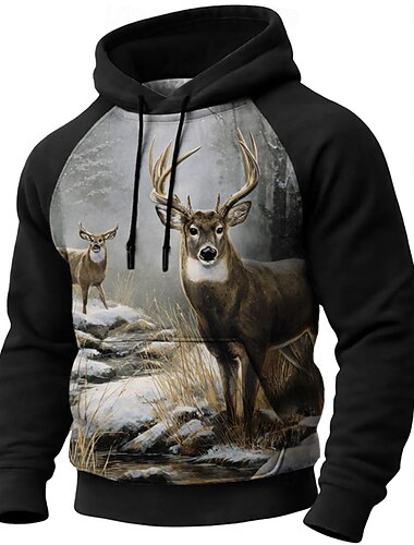  Homens Veado Moletom 3D Caça Manga Longa Com Capuz Ao ar livre Esportes Preto Marron Cinzento Mangas Raglã Outono Inverno Designer S M L XL 2XL 3XL