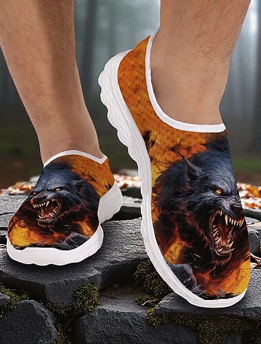  Men's Slip-On Sneakers with Fierce Werewolf Print, Lightweight Casual Shoes for Halloween Party Shoes and Walking