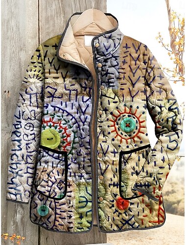  Mulheres Jaqueta de Inverno Casaco acolchoado Manter Quente Leve Imprimir Elegante Vintage Moda Abstrato Férias Casa Escritório / Carreira Casual Curto Colarinho Chinês Normal Manga Longa agasalhos