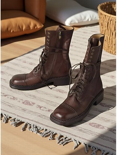  Bottines à lacets en cuir classiques Maillard de style britannique pour femmes - Bottines de combat rétro vintage pour une tenue décontractée d'automne et d'hiver