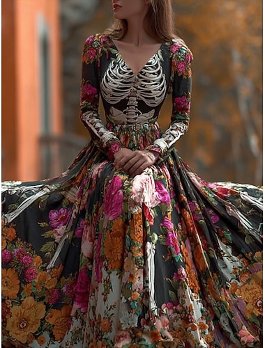 Damen Maxi Kleid Plissee Kleid Boho Date Reguläre Passform Floral Totenkopf Lange Ärmel V-Ausschnitt Schwarz Herbst   Damen Maxi Kleid Plissee Kleid Boho Date Reguläre Passform Floral Totenkopf Lange Ärmel V-Ausschnitt Schwarz Herbst