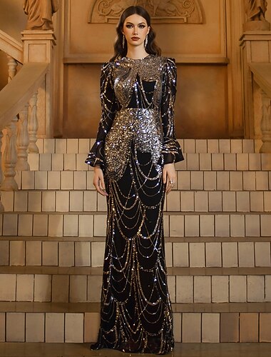  Русалка Футляр В пол Выпускные платья Вечернее платье С пышной юбкой Торжественное платье Элегантный стиль Блестящие Длинный рукав Вырез под горло Официальные Свадьба Тюль Пайетки с