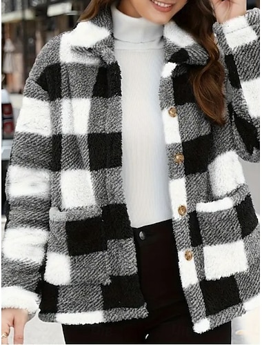  Dam Fleece-jacka Bekväm Andningsfunktion Ficka Knappar Mönster Mode Ledigt Rutig Semester Gata Ledigt Dagliga kläder Enkelknäppt Normal Nedvikt Normal Långärmad Ytterkläder Svart Rubinrött Brun Vår