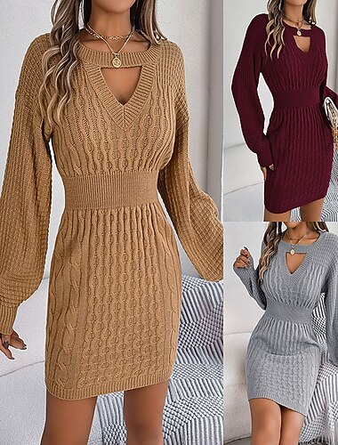  Damen Minikleid Pulloverkleid Bodycon Etui-Kleid Mode Modern Laternenärmel Täglich Ferien Wochenende Normale Passform Einfach Langarm Rundhalsausschnitt Wein Khaki Grau Frühling Herbst