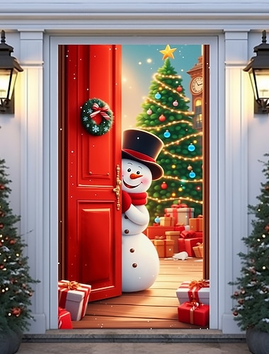  Juledørtrekk vinterferiedekorasjon gardiner med snømann som åpner døren og juletretrykk til hjemmet, inngangsparti stue soverom innendørs utendørs festlig sesongbasert hjemmedekor