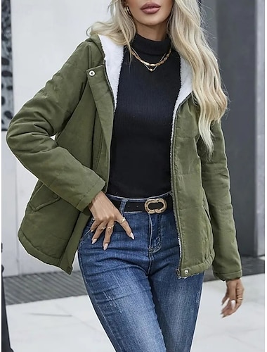  Damen Wintermantel Fleecejacke Bequem Atmungsaktiv Tasche Lässig Einfach Urlaub Straße Lässig Alltagskleidung Reisverschluss Regulär Mit Kapuze Normale Passform Langarm Oberbekleidung Schwarz Blau