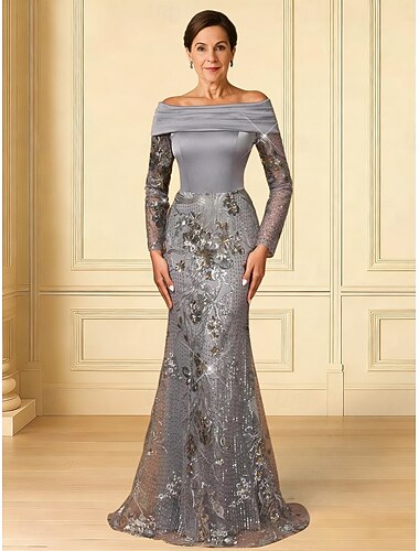  Havfrue Sweep Børste train Perlebrodert Formell kjole Kjole til brudens mor Ballkjoler Kveldskjoler Ballkjole Formell kjole Elegant Ballkjoler Glitrende Langermet Løse skuldre Bryllup Formell Sateng