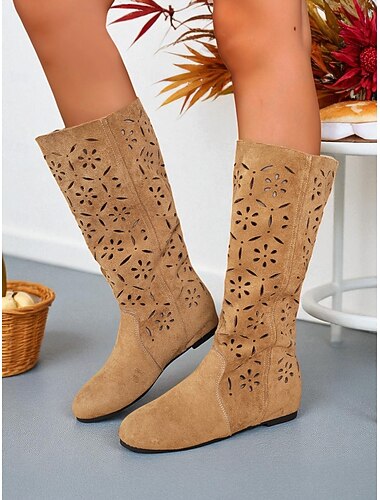  Botas femininas de cano médio com recortes florais, estilo boho casual para uso diário e nas ruas de outono
