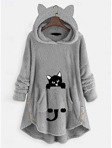  Dam Pullover Hoodie Sweatshirt Katt Ledigt Långärmad Huva Långa toppar Gata Vardag Ledigt Rodnande Rosa Vin Grå Höst Vinter