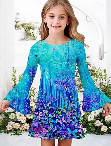  Dziewczyny ' 3D Motyl Kwiat Sukienka Sukienka z falbanami Długi rękaw Lato Wiosna Urlop Codzienny Święto Piękny Słodkie Dzieci 4-12 lat Codzienne sukienki Do kolan Regularny