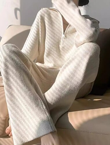  בגדי ריקוד נשים סוודר תיאום סוודר סגנון רחוב יום יומי צבע אחיד צווארון חולצה רוכסן סרוג שרוול ארוך חולצות רגילות לִסְרוֹג יומי ליציאה סוף שבוע שחור משמש סתיו חורף