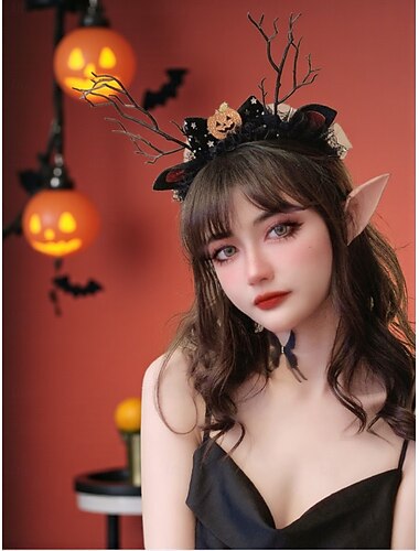  Dámská halloweenská čelenka z jeleního parohu - gotický černý krajkový vlasový doplněk s dýňovými a kočičími ušima na kostýmní párty a cosplay