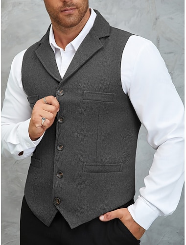  Per uomo Gilet in tweed Gilet Formale Matrimonio Vacanza Quotidiano Moda Classico Primavera Autunno Tasca Bottoni Tweed Poliestere Confortevole Semplice Spina di Pesce Monopetto Collo a Lancia