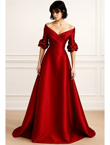 Linea ad A Abito da Sera Elegante Abito formale Formale Matrimonio Lunghezza al pavimento Manica 3/4 Senza Spalle Tasca Raso con Arricciato 2025