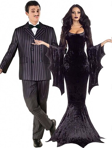  Quarta-feira Addams família Addams Mortícia Addams Gomez Addams Ternos / Conjuntos e Blazeres Fantasias para casais de grupos de Halloween Góticas Cosplay filme for Casal Homens Mulheres Adulto