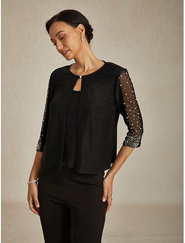  Damskie eleganckie bluzki wieczorowe, eleganckie bluzki na imprezę, z koralikami i kryształkami, z rękawem 3/4, z okrągłym dekoltem, na wesele, do pracy, na imprezę, wieczorowe, z koralikami i