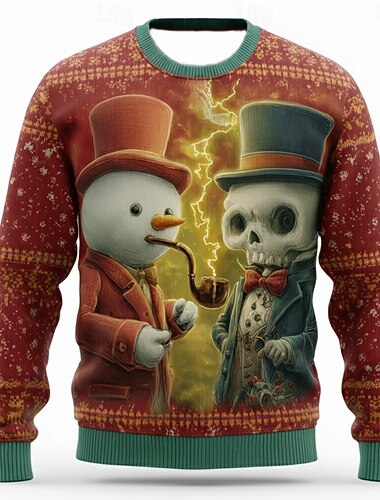  Stygg julegenser Herre Tegneserie Snømann Tøffe hodeskaller Pullover genser Strikketøy Crewneck Fritid Mørk Feriereise Daglig Festival 3D-utskrift Hold Varm Langermet Høst Vinter Rød Lilla Grønn