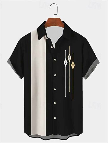  Miesten Raidoitettu Geometrinen printti Vintage Paita Keilailupaita Button Up paita Lyhythihainen Muoti Katutyyli Suunnittelija Kausaliteetti Bile Viikonloppu Kesä Kevät Sänkyjen avaus Painettu Musta