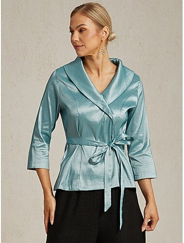  Women's Blouse Evening Tops Elegant Metallic Stylish 3/4 Length Sleeve V Neck Regular Tops Wedding Guest Evening Party Semi Formal Tie Front Dusty Blue Spring, Fall, Winter, Summer