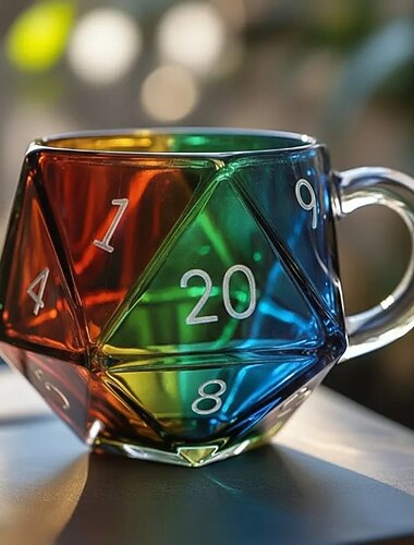  Taza de dados arcoíris d20, taza de café con dados poliédricos y asa, taza de juego de vidrio transparente para amantes de los juegos de rol, regalo para amantes de la fantasía.