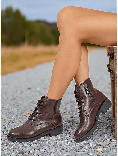  حذاء نسائي بني اللون برباط للكاحل، حذاء كاجوال خارجي من الجلد الصناعي للعمل والمشي اليومي وملابس الخريف