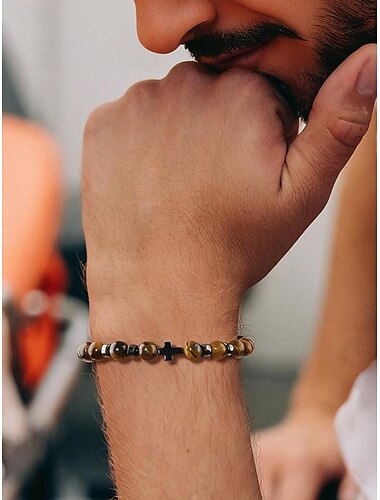  Herenarmband van natuursteen met kralen en kruisbedel, verstelbare rekbare polsband, spirituele sieraden als kerstcadeau, voor feestjes en dagelijks gebruik