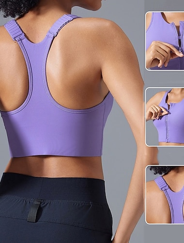  Dame Sportstopp BH med racerback Undertøy Høye støtter Pustende Glidelås foran Polstret Ensfarget / vanlig farge Sport Sportsklær Svart Hvit Treningsstudio Løp Trening
