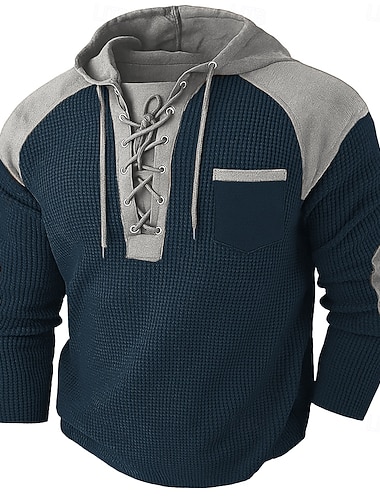  Herren Waffel-T-Shirt Waffel-Henley-Hemd Herrenhemden mit Ellbogenflicken Langarm Mit Kapuze Frühling & Herbst Einfarbig Mode Kordelzug Taschen Patchwork Lässig Outdoor Party / Abend Blau Schwarz Grau