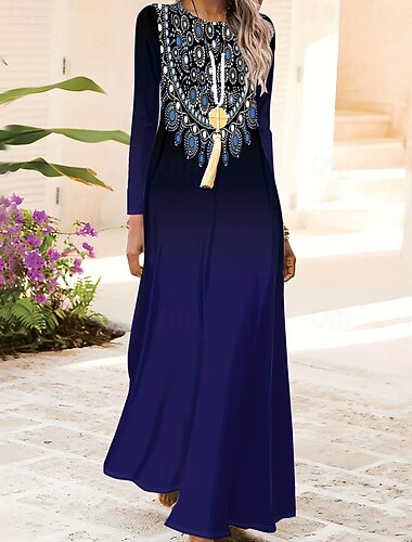  Femmes Robe Longue Maxi Robe Robe bohème Élégant ancien Mode Extérieur Soirée Quotidien Coupe Ample Graphique Papillon Abstrait manche longue Col ras du cou Bleu Printemps Automne