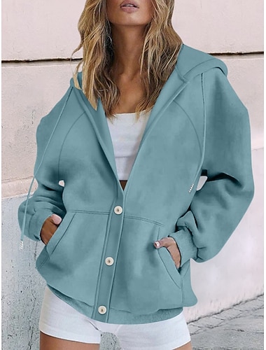  Dame Hettegenser Bekvem Pustende Lomme Knapper Fritid عادي Feriereise Gate Avslappet Dagligdagstøy Enkeltkneppet Normal Med hette Normal Langermet Yttertøy Hvit Gul Blå Vår Høst