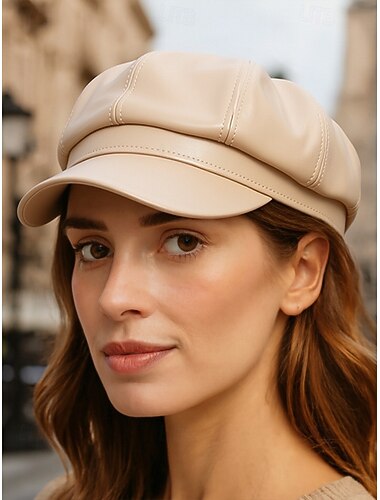  Gorra de vendedor de periódicos de piel sintética para mujer, gorra de panadero octogonal vintage, accesorio de moda urbana retro para otoño e invierno.
