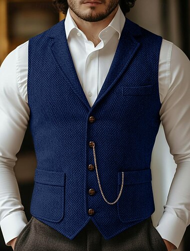  Homens Colete Diário Vintage Outono & inverno Poliéster Côr Sólida Não Trespassado Jaqueta esporte Cinzento Escuro Azul Marinha Marron