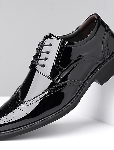  Herresko i svart lakkskinn med oxford-detaljer, formelle sko med snøring, glansfulle forretningssko til bryllup, for brudgommen, kontoret, banketter, fester, kveldsarrangementer og elegant gentleman-stil