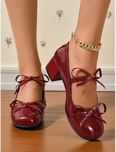  Burgundy Mary Jane-hakken voor dames van lakleer – vintage schoenen met blokhak uit de jaren 50 met gespband voor meisjes, cosplay- en feestoutfits