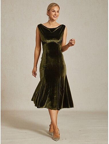  Kvinnors Sammet Midi Klänning Trumpet Fiskstjärtsklänning Elegant Festbröllop Gäst Cocktail Fest Regular Fit Enfärgad Utan Ärmar Cowl Neck Olivgrön Vår Höst Vinter