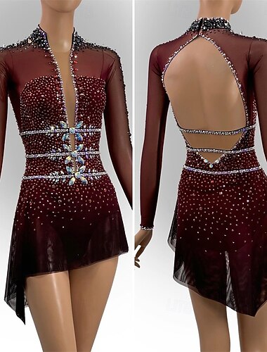  Robe de patinage artistique Femmes Fille Patinage Robe Noir Rouge Patchwork Dos Nu Maille Haute Élasticité Entraînement Compétition Tenue de Patinage Classique cristal pailleté manche longue Patinage
