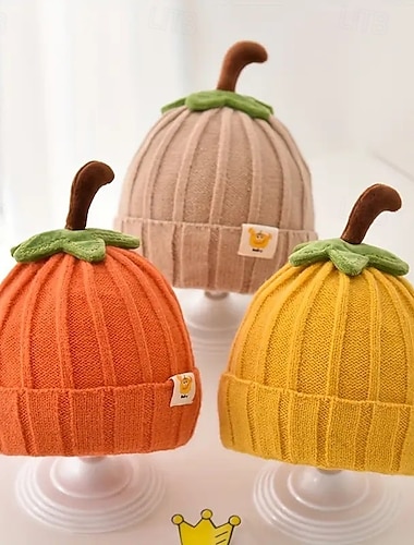  Høstens Thanksgiving-strikket gresskarlue for barn, varm tykk vinterlue med hørselvern, søt tegneserielue for gutter og jenter til utendørsreiser, høytidsfest, bursdagsgave