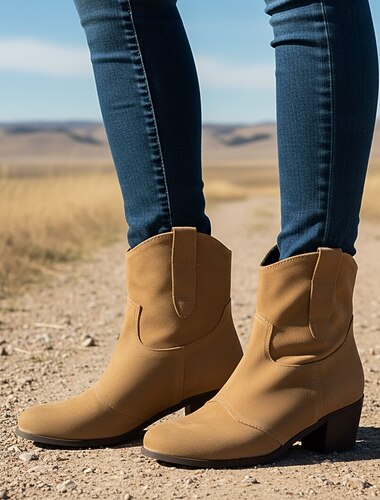  botas femininas de cano curto estilo western em camurça sintética marrom – botas de cowboy de salto baixo estilo vintage para trajes casuais